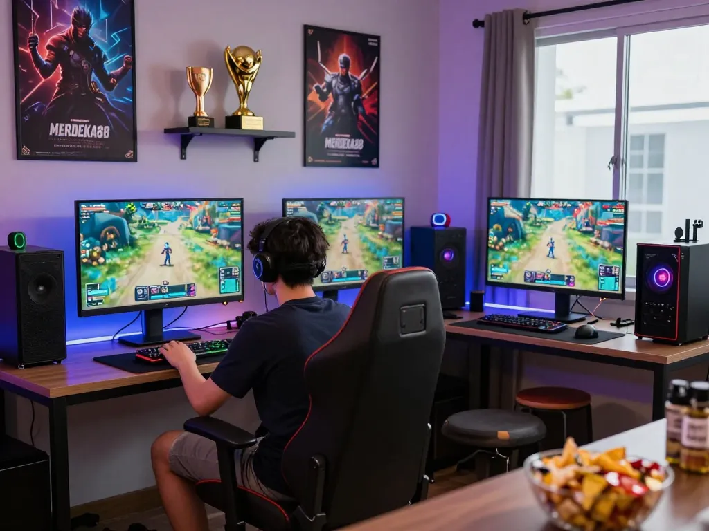 An engaging gaming setup showcasing MERDEKA88 with vibrant decor and modern elements in a casual atmosphere.