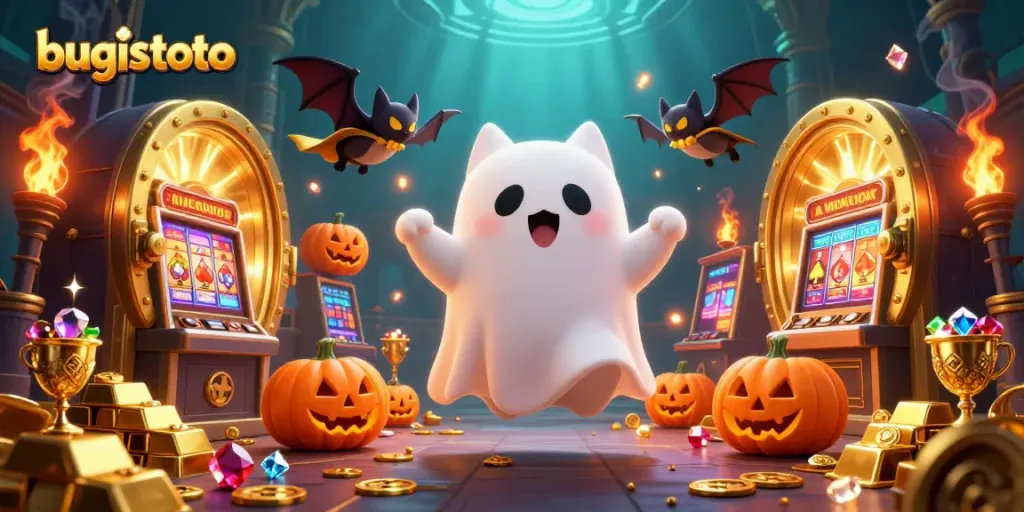 Experience thrilling gameplay with bugistoto as a friendly ghost cat whimsically floats in a haunted casino setting.