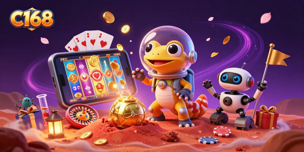 C168 brings vibrant casino excitement with colorful slot games and cheerful alien characters in a dynamic 3D scene.