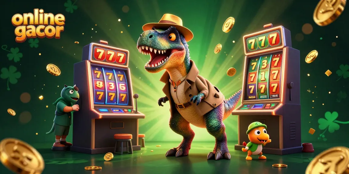 Experience online gacor as a velociraptor plays slots with a stegosaurus pit boss, amidst vibrant casino elements.