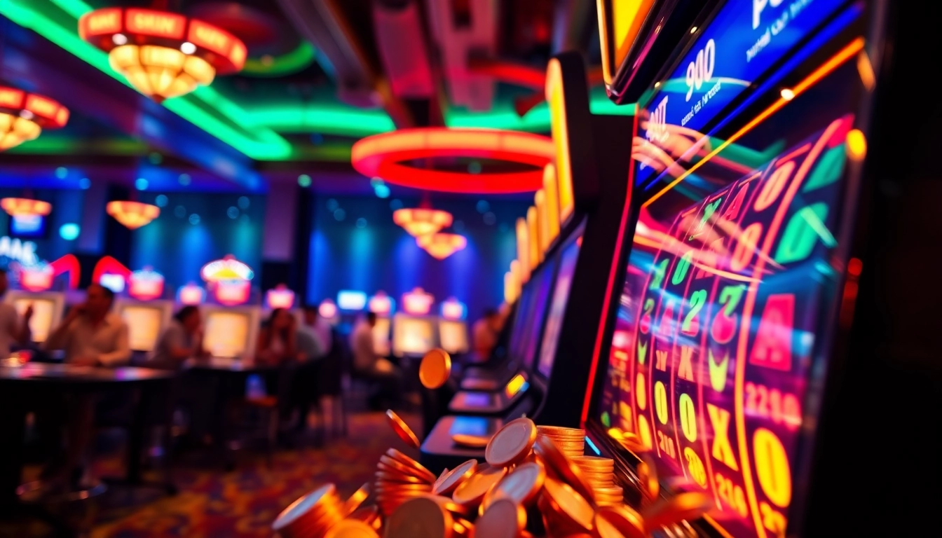 Permainan situs slot gacor yang menyenangkan dengan slot machine berlimpah koin dan pemain merayakan kemenangan.