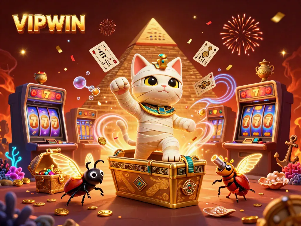 Experience the excitement of VIPWIN with the mummified cat's golden jackpot adventure.