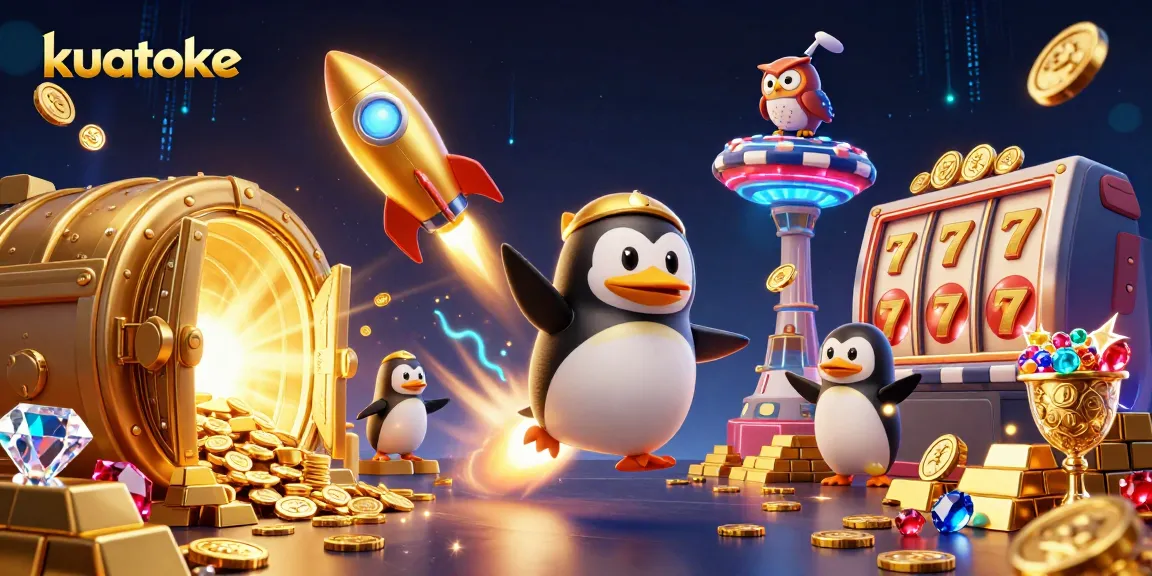 Kuatoke features a golden penguin in a cosmic casino adventure, showering gold coins while slot reels spin.