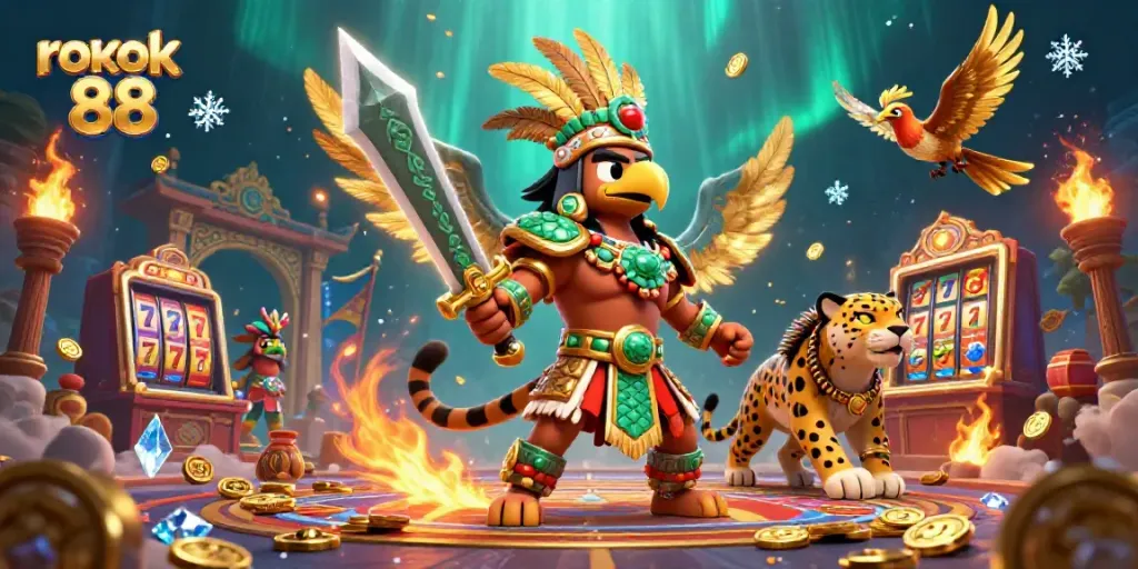Desain menarik dengan karakter Aztec dan unsur kasino di ROKOK88 yang menggambarkan pengalaman permainan.