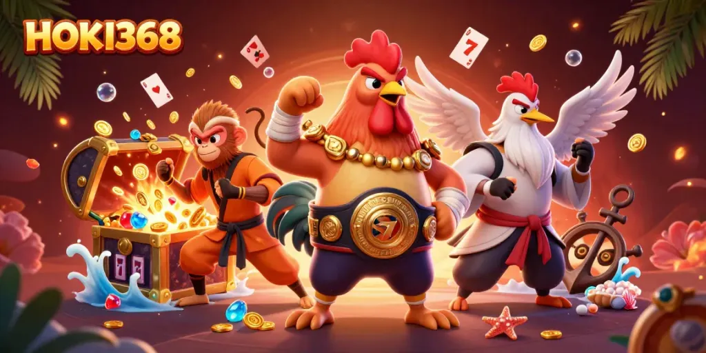 HOKI368 features a dynamic casino scene with a Muay Thai rooster and characters amidst vibrant slot game elements.