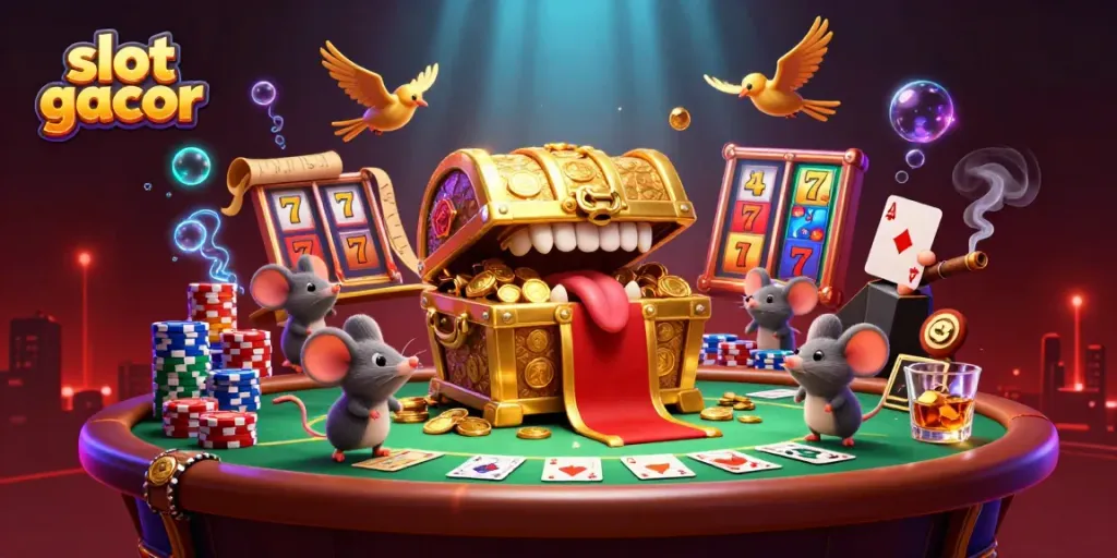 Engaging scene featuring slot gacor elements, with adventurer mice and a treasure chest, surrounded by colorful poker chips.