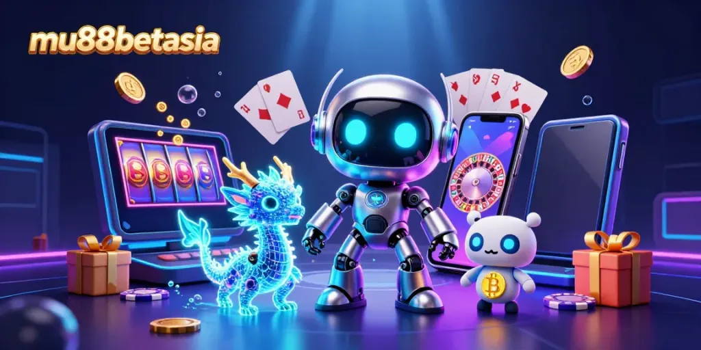 Experience thrilling gaming at mu88betasia with a vibrant scene of animated characters and casino games.