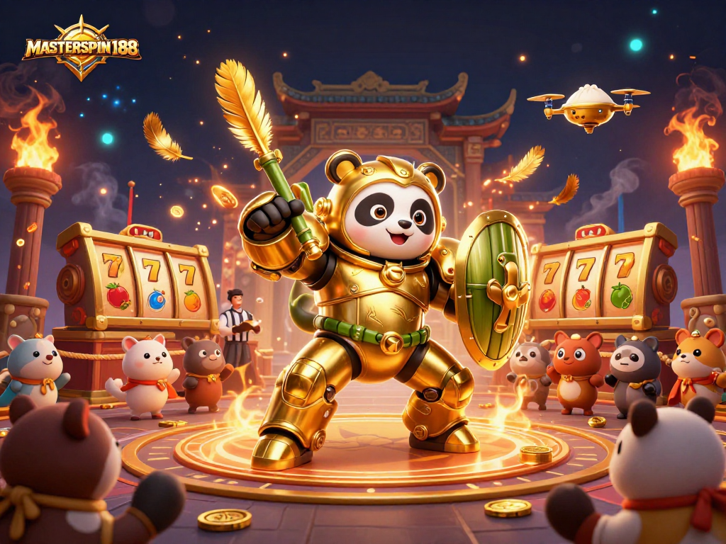 Engage with the thrilling action of MASTERSPIN188's gaming arena, featuring a dynamic mech-suit panda.
