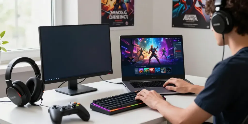 Pengguna menggunakan https://Emon777.com di ruang kerja yang nyaman dengan perangkat gaming canggih.