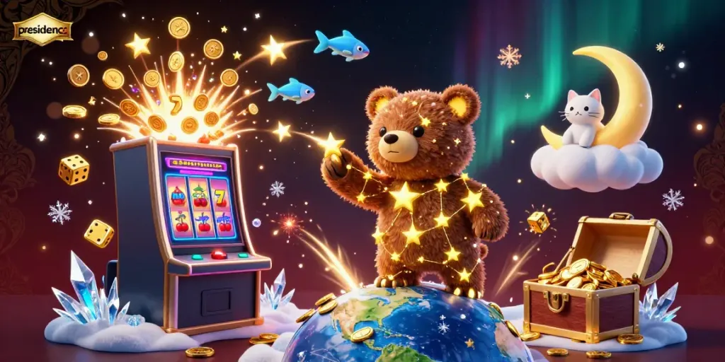 Presidencc showcases a festive jackpot scene with a constellation bear, coins, and exciting game elements.