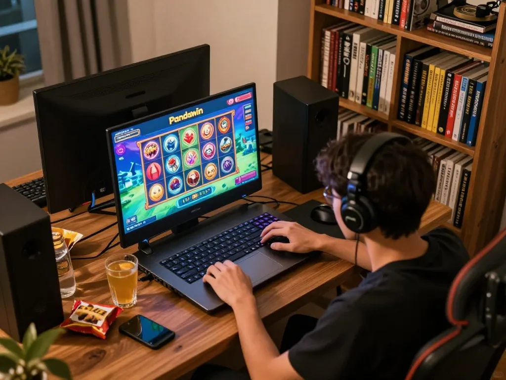 Aksi mesin slot Pandawin ditampilkan di sebuah laptop selama sesi permainan online di kantor rumah yang nyaman