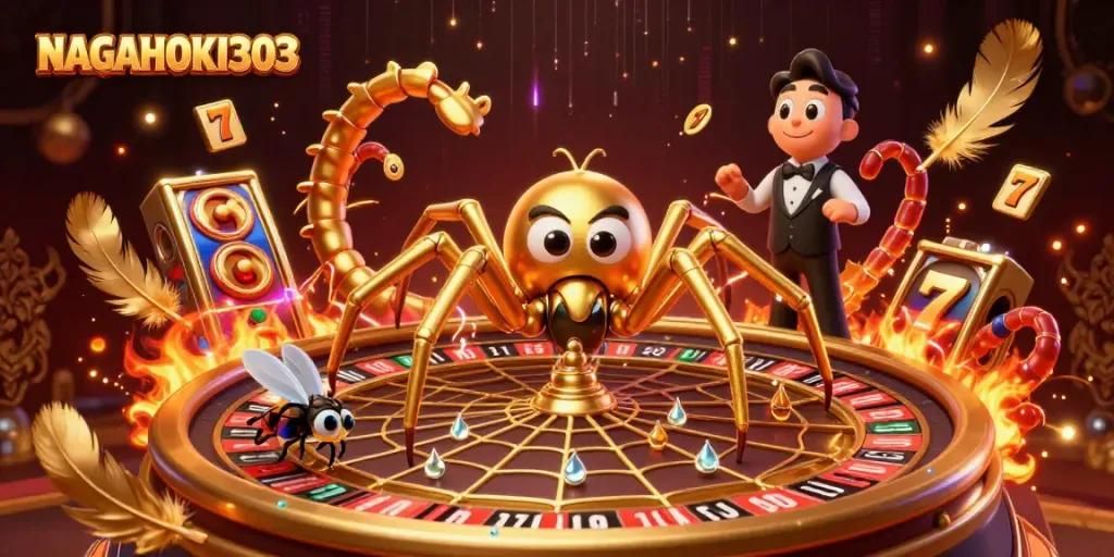 NAGAHOKI303 engages players in a vibrant casino scene with a golden spider and centipede croupier.