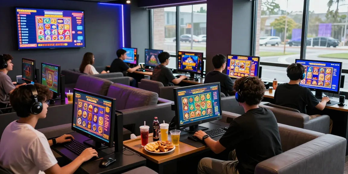 Players enjoying slot gacor games in a modern lounge with vibrant graphics and an energetic atmosphere.