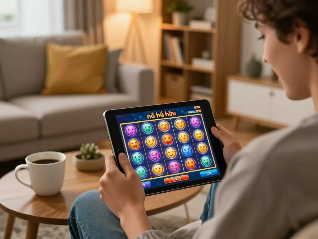 Engaged player enjoying game nổ hũ on a tablet in a cozy home setting, illustrating online gambling.