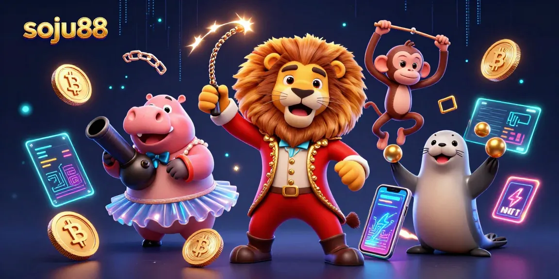 Engage in vibrant soju88 casino action with colorful 3D characters and cryptocurrency elements.