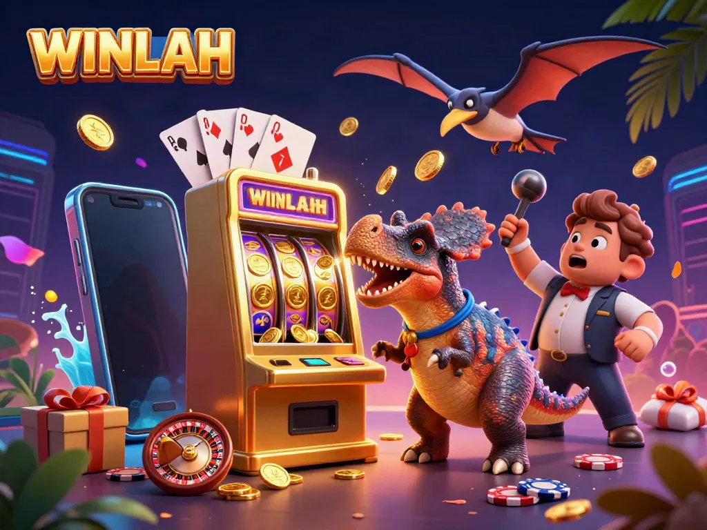 WINLAH slot machine jackpot scene featuring playful dinosaurs and dynamic game elements