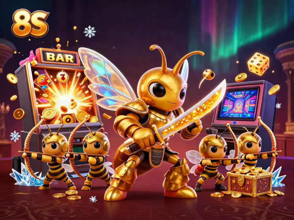Experience the thrill of 8S with a samurai hornet amidst a jackpot explosion in a vibrant casino scene.