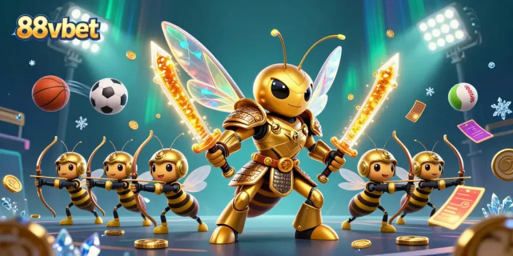 Experience thrilling gambling with 88vbet featuring a 3D cartoon giant hornet samurai and sports elements.