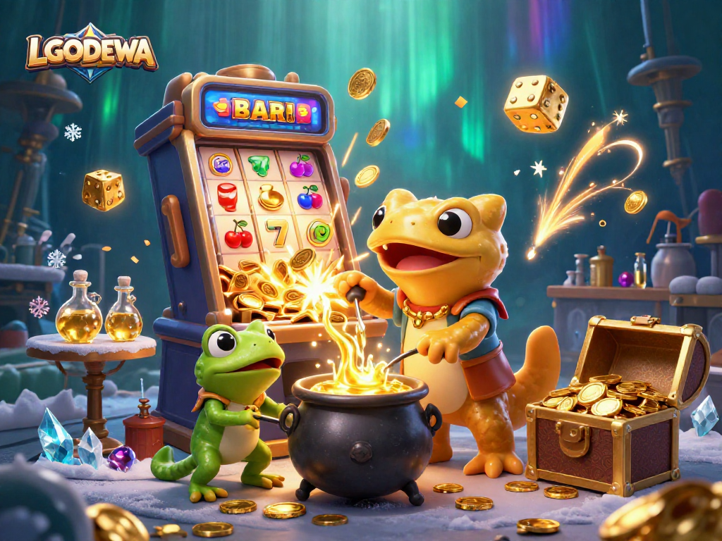 Experience the vibrant LGODEWA casino with golden coins, 3D characters, and exciting game elements