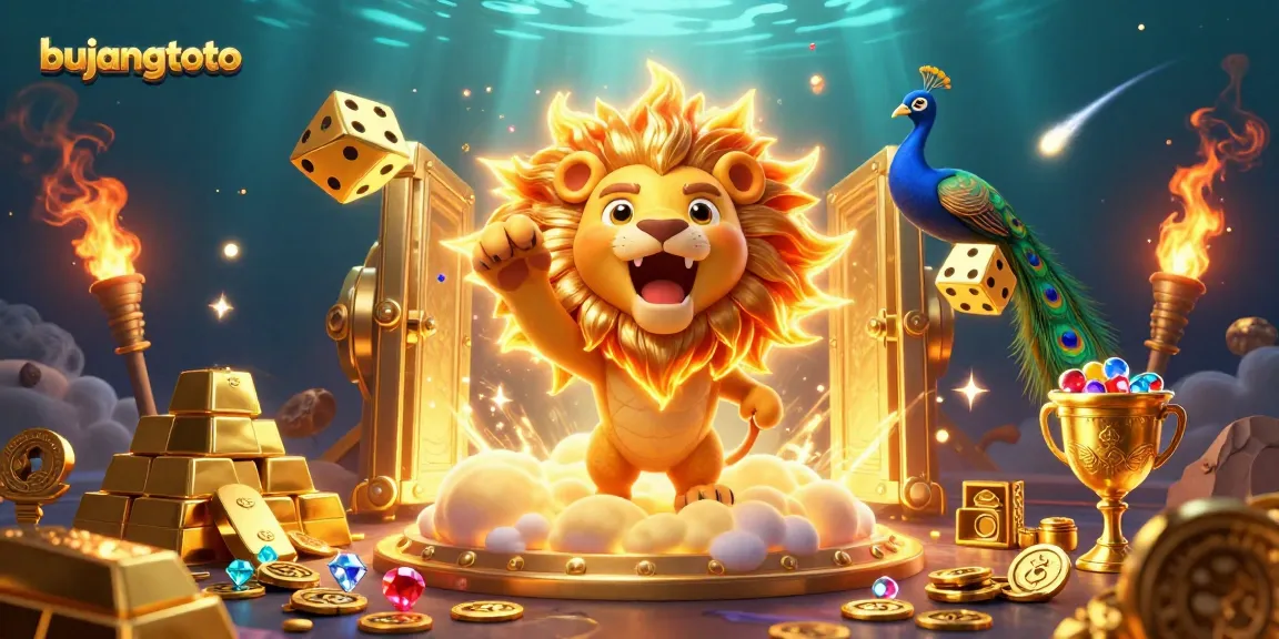 Gambar ilustratif 3D bujangtoto dengan singa matahari bersinar dan dadu emas menggelegar dalam suasana kasino yang mengasyikkan.