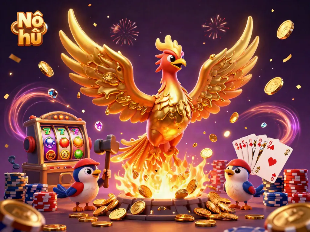 Nổ hũ showcases a golden phoenix and sparrows amidst cascading coins and vibrant casino elements.