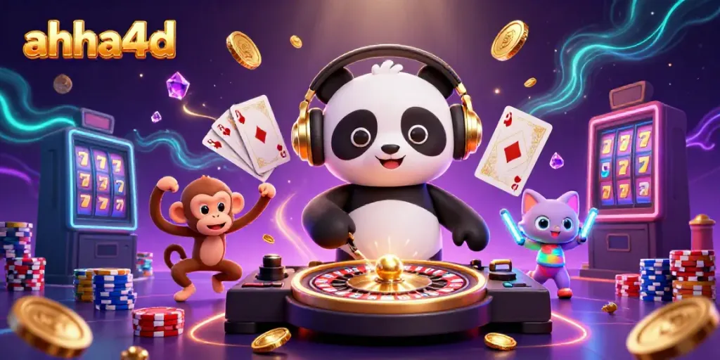 Aksikan ahha4d dalam ilustrasi 3D, DJ panda berputar di atas roda roulette dengan koin emas berjatuhan.