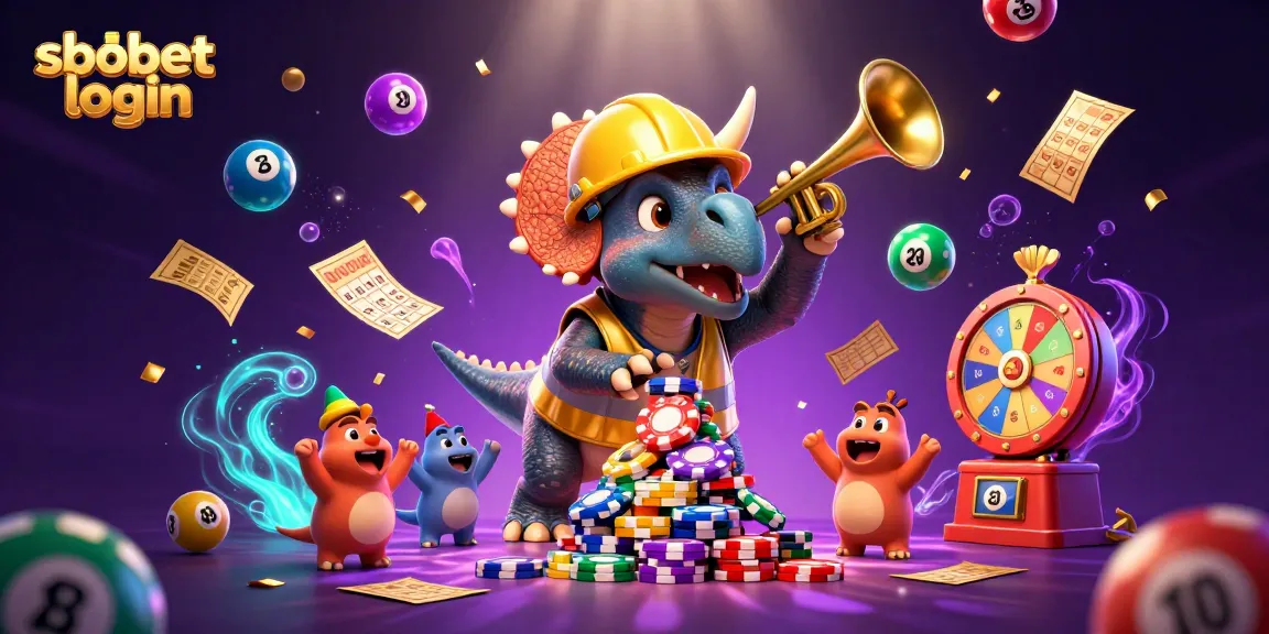 SBOBET login - Dynamic scene showcasing a triceratops and friends celebrating with poker chips and lottery elements.