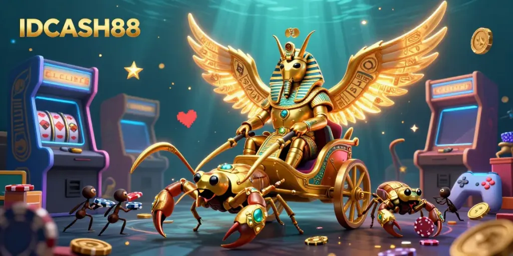 Experience thrilling gaming action with IDCASH88, showcasing a majestic scarab beetle alongside casino-themed elements.