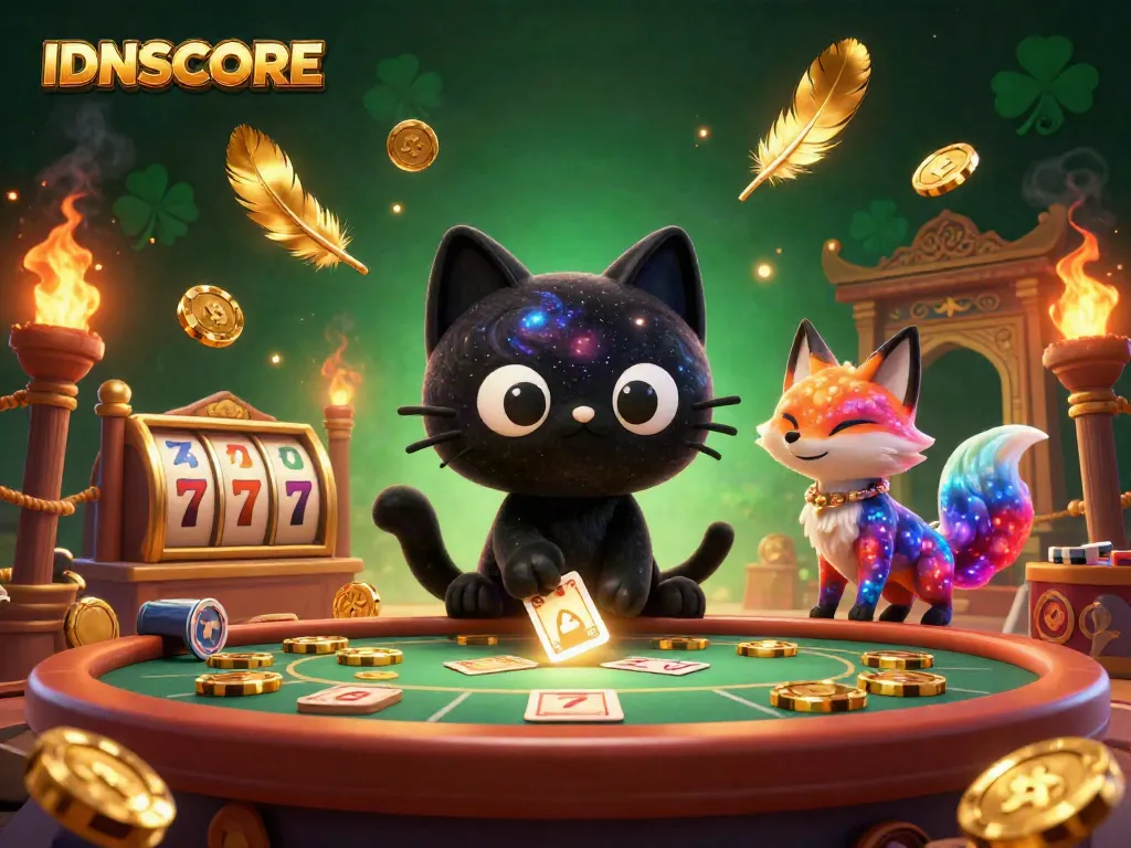 IDNSCORE showcases a vibrant cosmic casino scene with a black hole cat and nebula fox surrounded by spinning slot reels and golden elements.