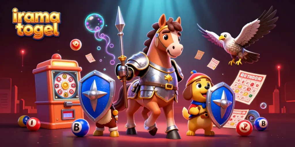 Engage with irama togel through a colorful and vibrant lottery-themed scene featuring a knight, puppy, and falcon.