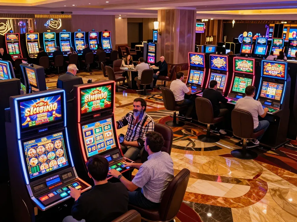 Players engaging with Slot x500 machines in a vibrant casino atmosphere, highlighting excitement and dynamic gaming.