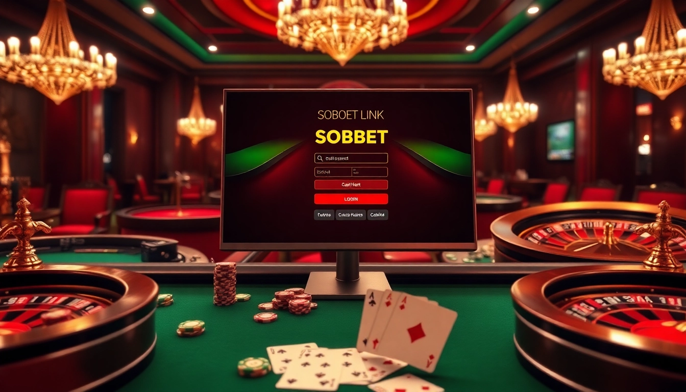 Sbobet link login interface showcased within an elegant casino scene, highlighting betting excitement.
