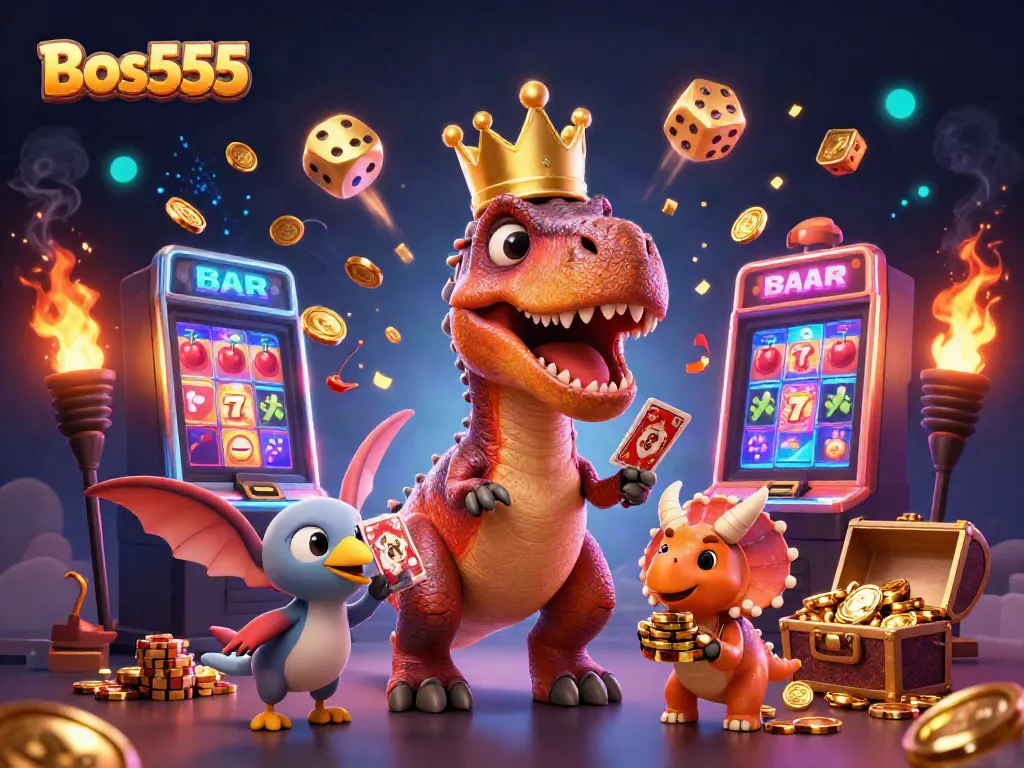 Bos555 momen menghibur slot online dengan karakter dinasaurus unik bermain kartu dan menumpuk chip emas.
