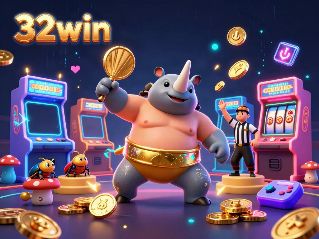 Experience thrilling gameplay with 32win's dynamic casino scene featuring a sumo beetle champion.