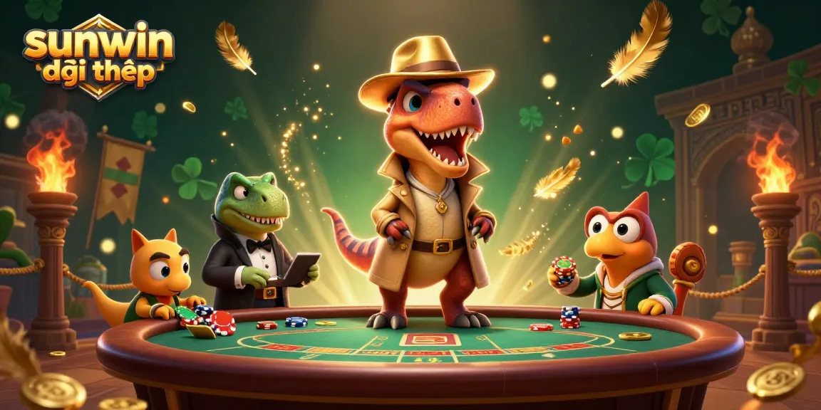Experience excitement with sunwin đổi thưởng as a velociraptor navigates a blackjack table amid dynamic casino elements.
