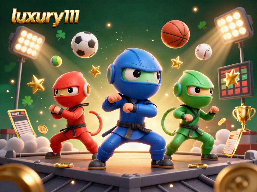 Experience the thrill of luxury111 with a dynamic casino-themed illustration showcasing a ninja chameleon team and sports betting elements.