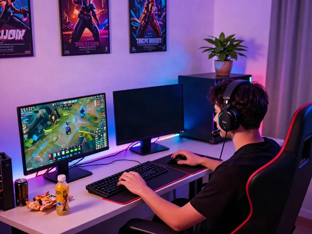 Intense gamer engaged in online gaming with unsurtoto on screens and vibrant decor.
