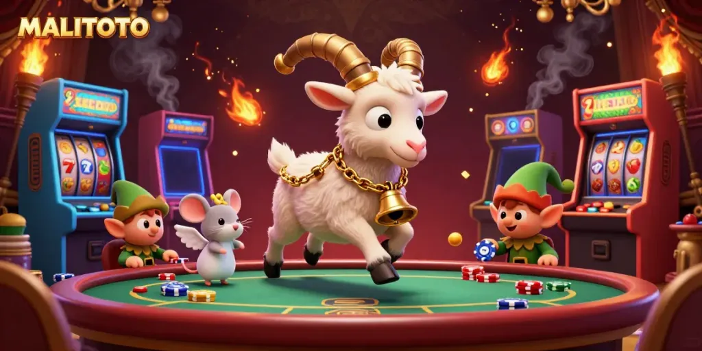 MALITOTO casino scene features festive Krampus alongside an angel mouse amidst vibrant slot reels and playful gremlins.