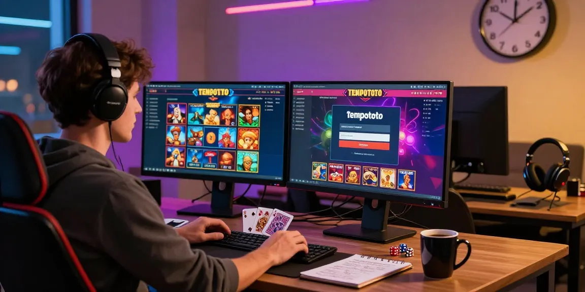 Direct access to tempototo login in a vibrant online casino workspace during evening hours, featuring engaging gaming elements.