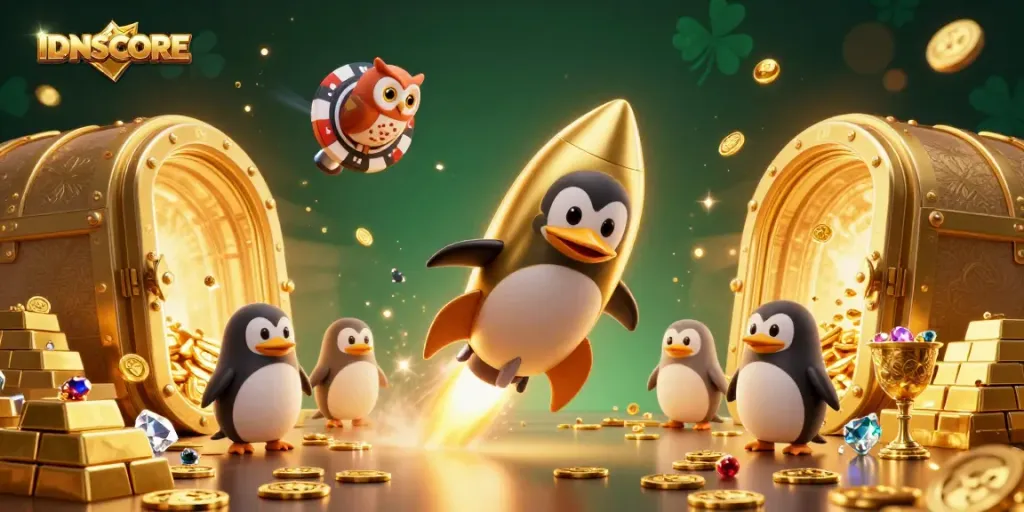 Experience the excitement of IDNSCORE with a dazzling cartoon penguin on a cosmic adventure.