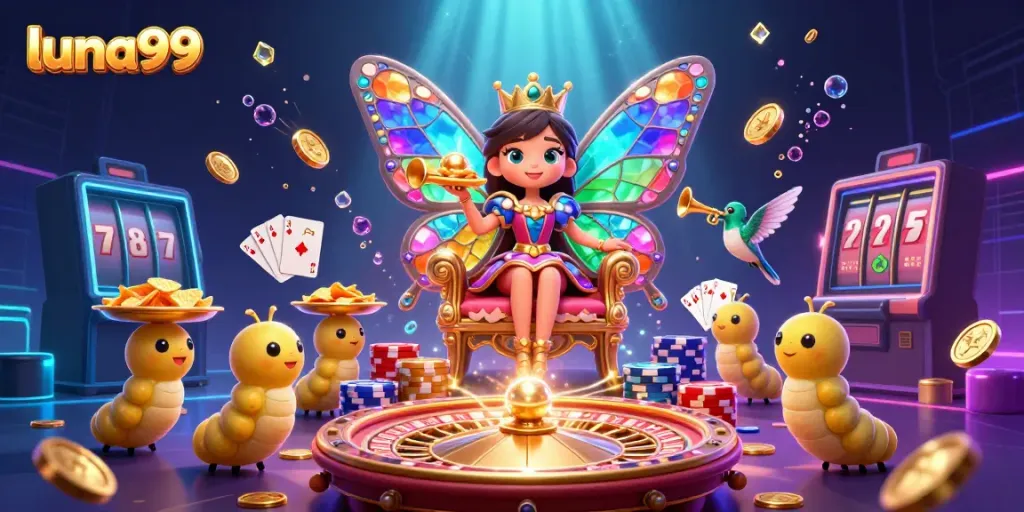 Visualisasi slot online luna99 dengan ratu kupu-kupu dan elemen kasino yang meriah.