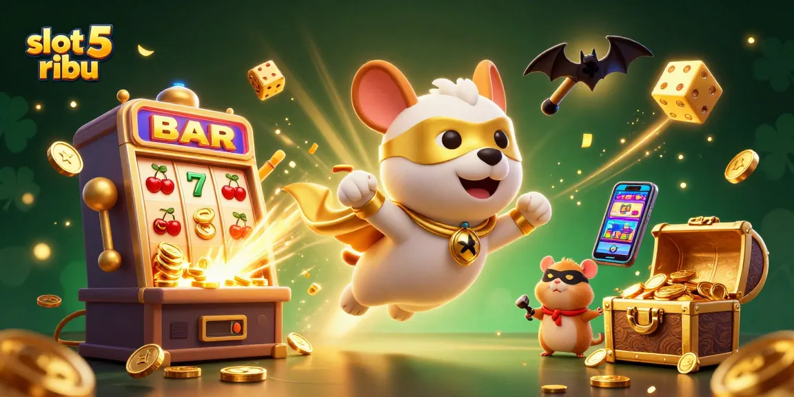 Engage with slot 5 ribu through a thrilling scene of superhero action and casino excitement, showcasing dynamic game elements.