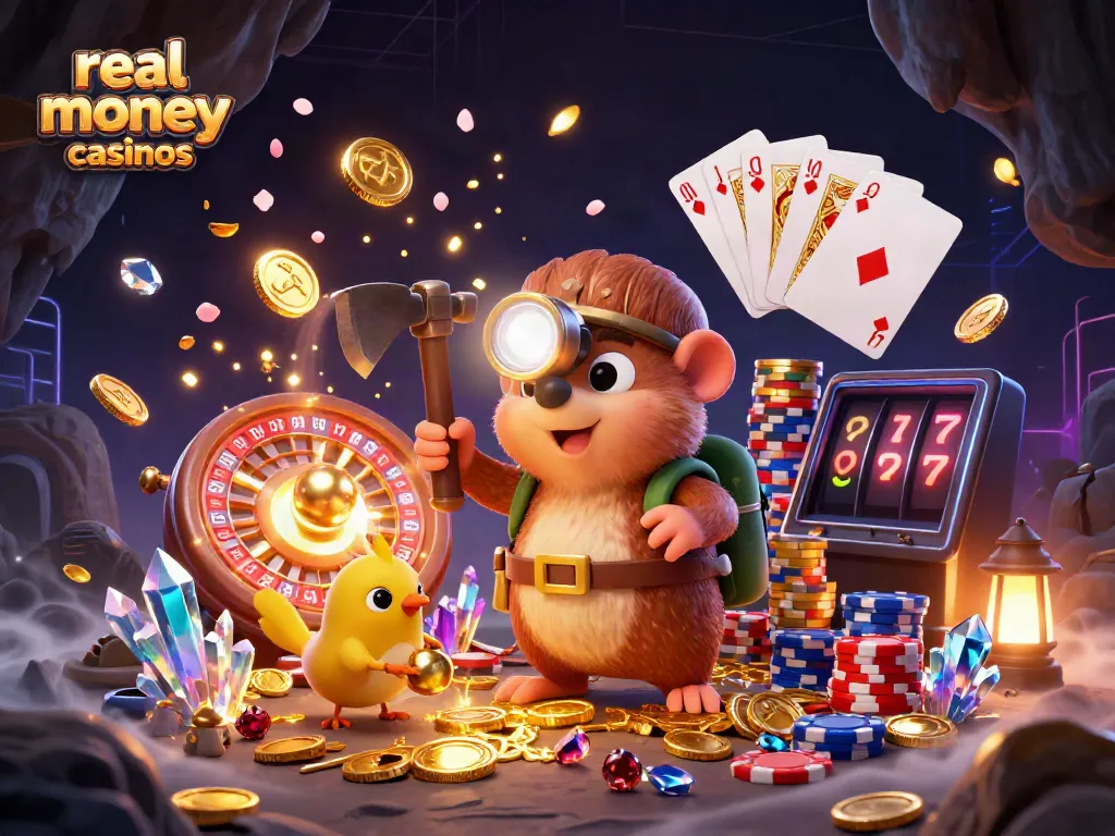 Experience exhilarating gameplay at real money casinos with a treasure hunter and golden coins.