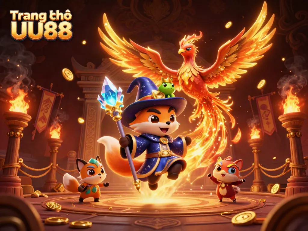 Experience the thrilling action at Trang chủ UU88 featuring a mystical wizard fox amidst a vibrant casino scene.