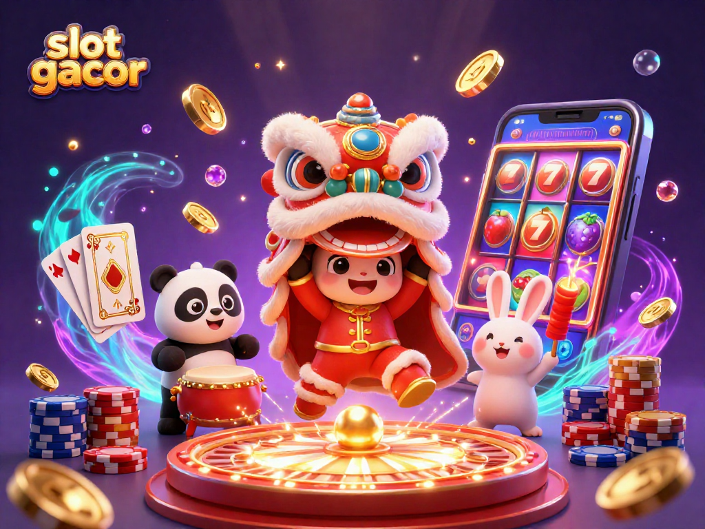 Spin for slot gacor wins with a vibrant casino scene featuring lion dance, panda, and gems.