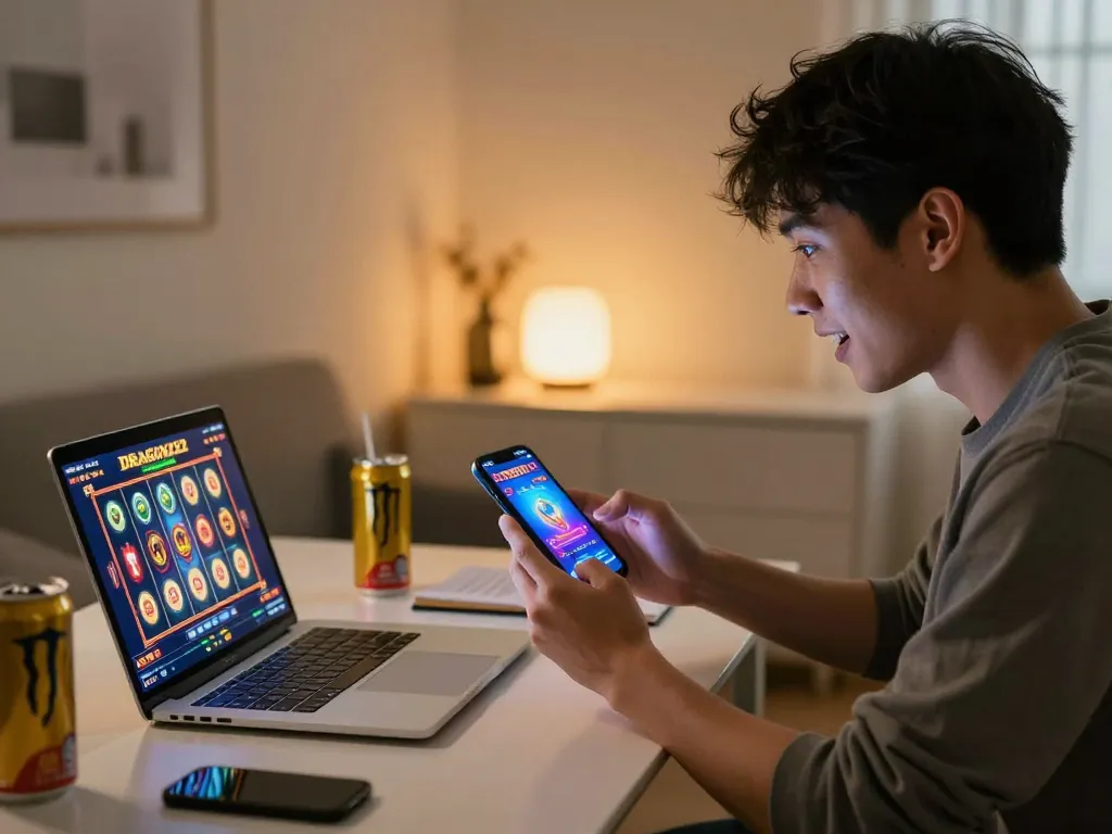 Player immersed in DRAGON222 slot game on smartphone, showcasing engaging gameplay and strategic excitement.