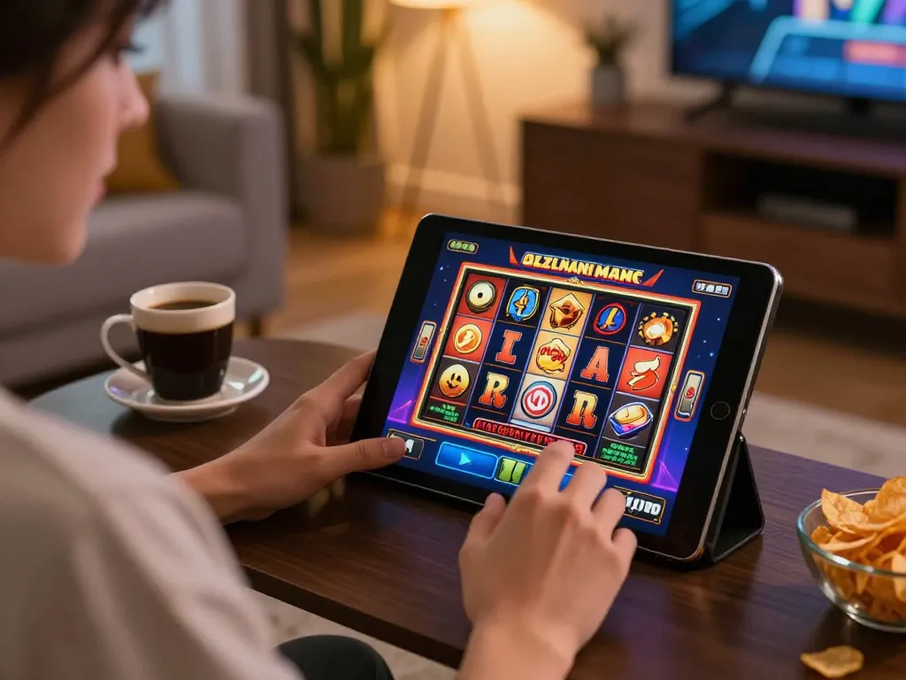 PULSASLOT player enjoying immersive slot games on a tablet in a cozy gamer-friendly space