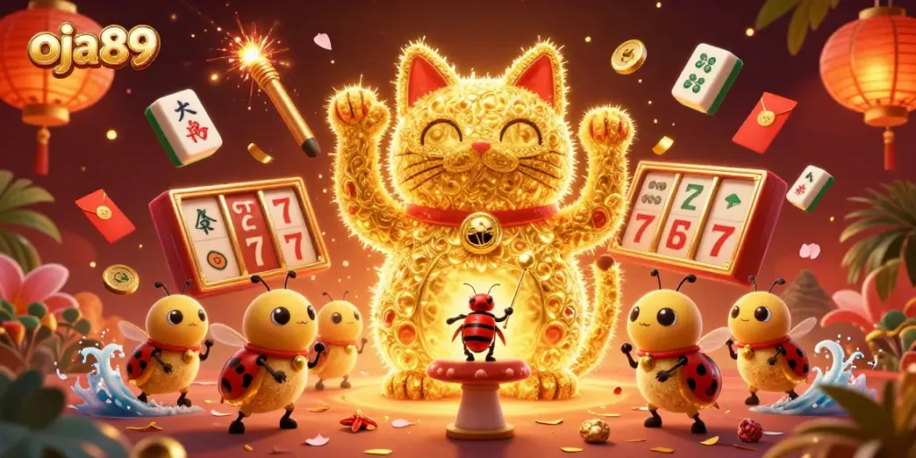 Ilustrasi 3D dari oja89 yang menampilkan kucing keberuntungan raksasa dengan simbol kasino dan elemen keberuntungan lainnya.
