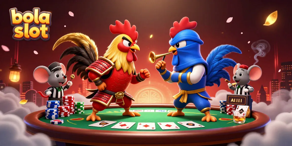 Experience thrilling bola slot action with cartoon roosters battling at a vibrant poker table