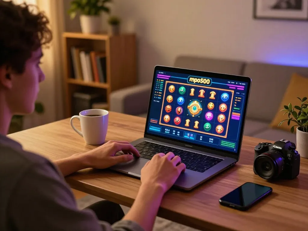 Play mpo500 online slot game on a laptop in a cozy home setting.